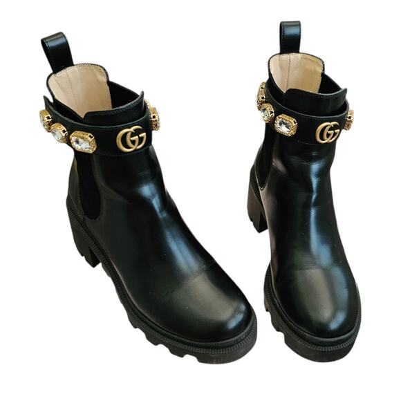 Gucci GG Trip Jewel Chunky Heel Chelsea Boot Size 36.5 US 6.5 Black Leather Gold - Picture 2 of 10